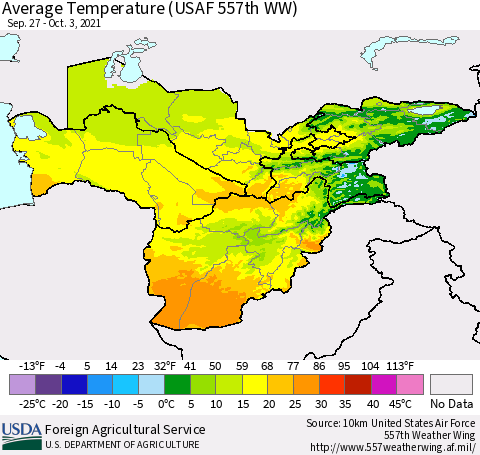 Central Asia Average Temperature (USAF 557th WW) Thematic Map For 9/27/2021 - 10/3/2021