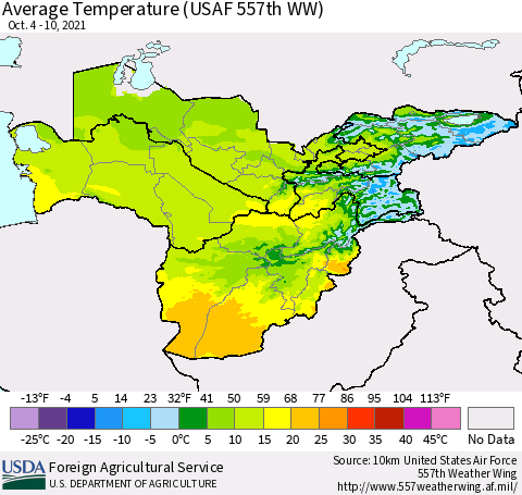 Central Asia Average Temperature (USAF 557th WW) Thematic Map For 10/4/2021 - 10/10/2021