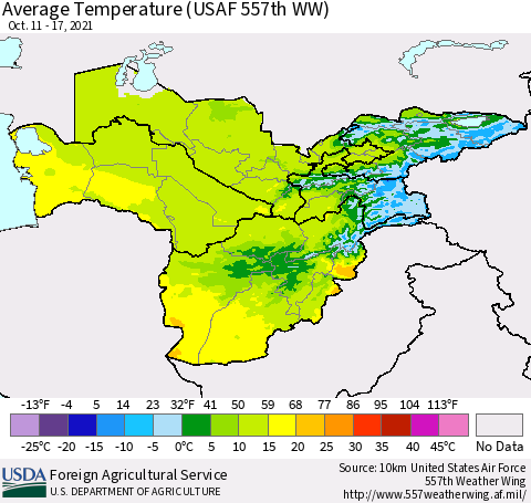 Central Asia Average Temperature (USAF 557th WW) Thematic Map For 10/11/2021 - 10/17/2021