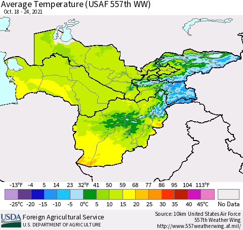 Central Asia Average Temperature (USAF 557th WW) Thematic Map For 10/18/2021 - 10/24/2021