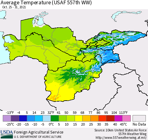 Central Asia Average Temperature (USAF 557th WW) Thematic Map For 10/25/2021 - 10/31/2021