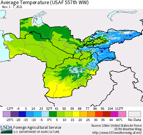 Central Asia Average Temperature (USAF 557th WW) Thematic Map For 11/1/2021 - 11/7/2021