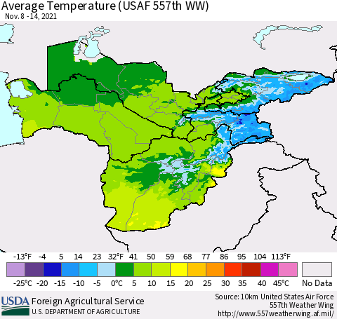 Central Asia Average Temperature (USAF 557th WW) Thematic Map For 11/8/2021 - 11/14/2021