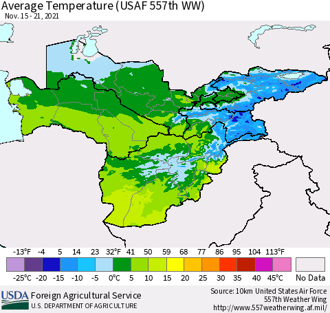 Central Asia Average Temperature (USAF 557th WW) Thematic Map For 11/15/2021 - 11/21/2021