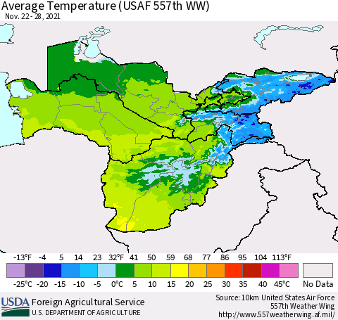 Central Asia Average Temperature (USAF 557th WW) Thematic Map For 11/22/2021 - 11/28/2021
