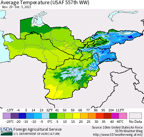 Central Asia Average Temperature (USAF 557th WW) Thematic Map For 11/29/2021 - 12/5/2021
