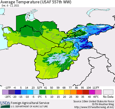 Central Asia Average Temperature (USAF 557th WW) Thematic Map For 12/6/2021 - 12/12/2021