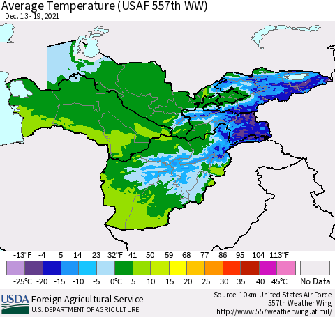 Central Asia Average Temperature (USAF 557th WW) Thematic Map For 12/13/2021 - 12/19/2021