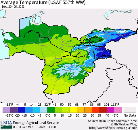 Central Asia Average Temperature (USAF 557th WW) Thematic Map For 12/20/2021 - 12/26/2021
