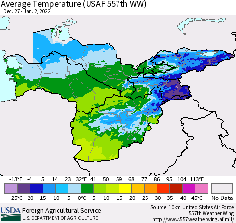 Central Asia Average Temperature (USAF 557th WW) Thematic Map For 12/27/2021 - 1/2/2022