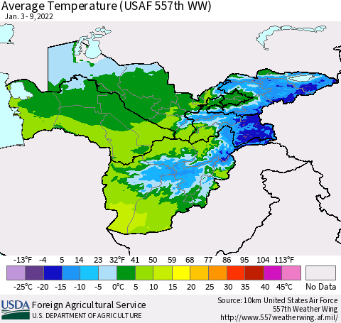 Central Asia Average Temperature (USAF 557th WW) Thematic Map For 1/3/2022 - 1/9/2022