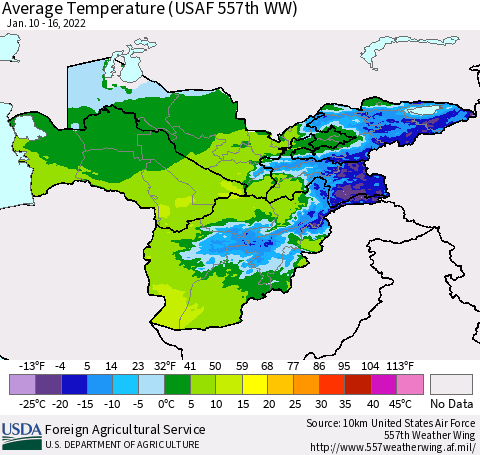Central Asia Average Temperature (USAF 557th WW) Thematic Map For 1/10/2022 - 1/16/2022
