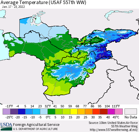 Central Asia Average Temperature (USAF 557th WW) Thematic Map For 1/17/2022 - 1/23/2022