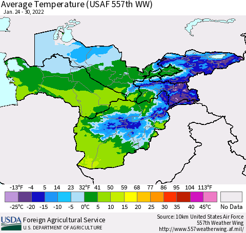 Central Asia Average Temperature (USAF 557th WW) Thematic Map For 1/24/2022 - 1/30/2022