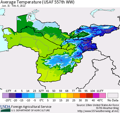 Central Asia Average Temperature (USAF 557th WW) Thematic Map For 1/31/2022 - 2/6/2022
