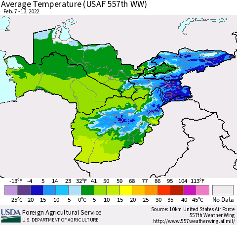 Central Asia Average Temperature (USAF 557th WW) Thematic Map For 2/7/2022 - 2/13/2022