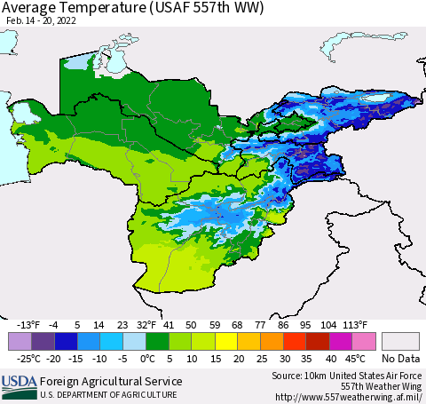 Central Asia Average Temperature (USAF 557th WW) Thematic Map For 2/14/2022 - 2/20/2022