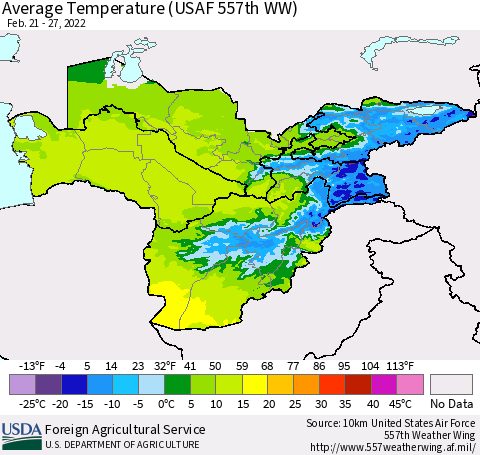 Central Asia Average Temperature (USAF 557th WW) Thematic Map For 2/21/2022 - 2/27/2022