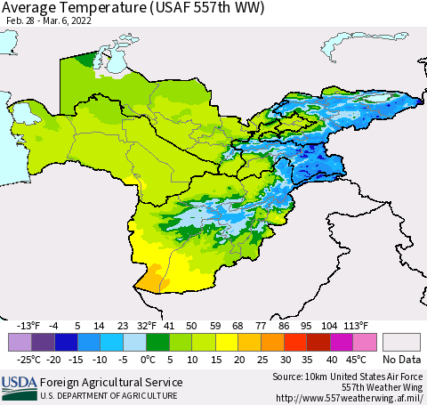 Central Asia Average Temperature (USAF 557th WW) Thematic Map For 2/28/2022 - 3/6/2022