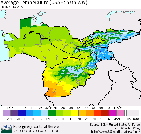 Central Asia Average Temperature (USAF 557th WW) Thematic Map For 3/7/2022 - 3/13/2022