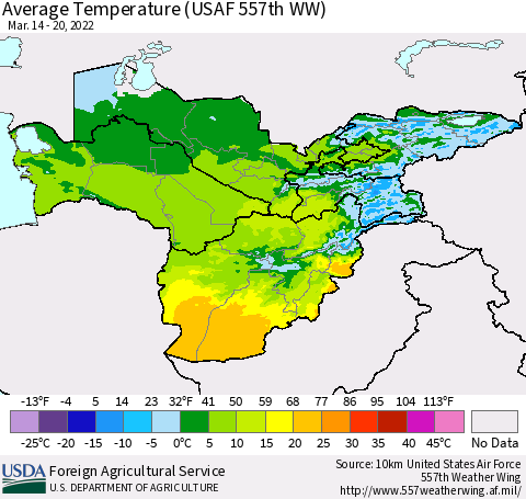 Central Asia Average Temperature (USAF 557th WW) Thematic Map For 3/14/2022 - 3/20/2022