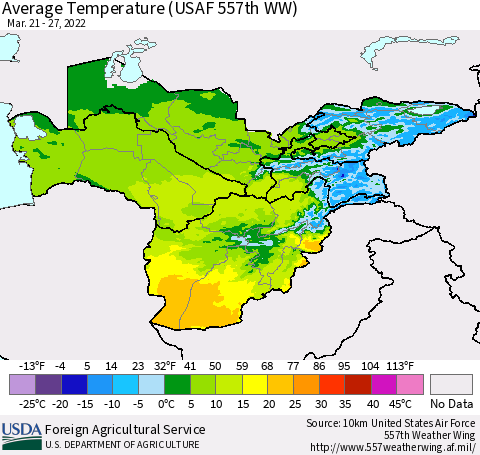 Central Asia Average Temperature (USAF 557th WW) Thematic Map For 3/21/2022 - 3/27/2022