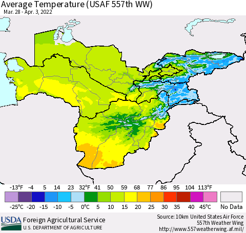 Central Asia Average Temperature (USAF 557th WW) Thematic Map For 3/28/2022 - 4/3/2022