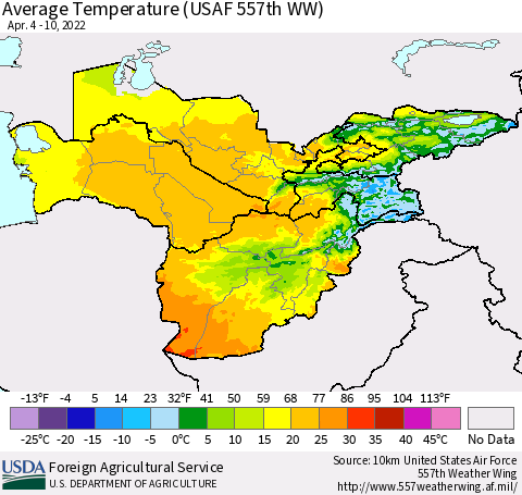Central Asia Average Temperature (USAF 557th WW) Thematic Map For 4/4/2022 - 4/10/2022