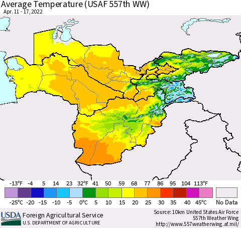 Central Asia Average Temperature (USAF 557th WW) Thematic Map For 4/11/2022 - 4/17/2022