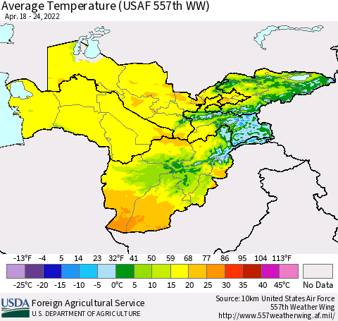 Central Asia Average Temperature (USAF 557th WW) Thematic Map For 4/18/2022 - 4/24/2022