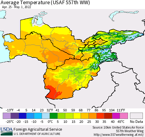Central Asia Average Temperature (USAF 557th WW) Thematic Map For 4/25/2022 - 5/1/2022