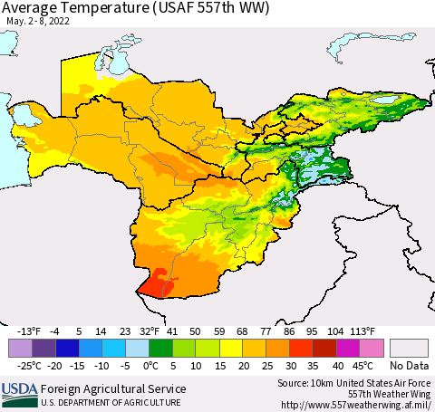 Central Asia Average Temperature (USAF 557th WW) Thematic Map For 5/2/2022 - 5/8/2022