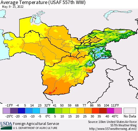 Central Asia Average Temperature (USAF 557th WW) Thematic Map For 5/9/2022 - 5/15/2022