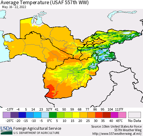 Central Asia Average Temperature (USAF 557th WW) Thematic Map For 5/16/2022 - 5/22/2022