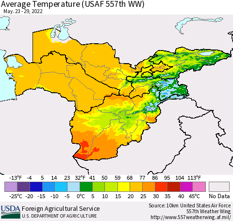 Central Asia Average Temperature (USAF 557th WW) Thematic Map For 5/23/2022 - 5/29/2022