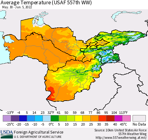 Central Asia Average Temperature (USAF 557th WW) Thematic Map For 5/30/2022 - 6/5/2022
