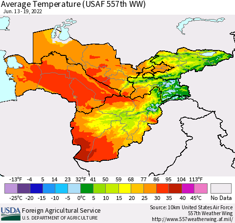 Central Asia Average Temperature (USAF 557th WW) Thematic Map For 6/13/2022 - 6/19/2022
