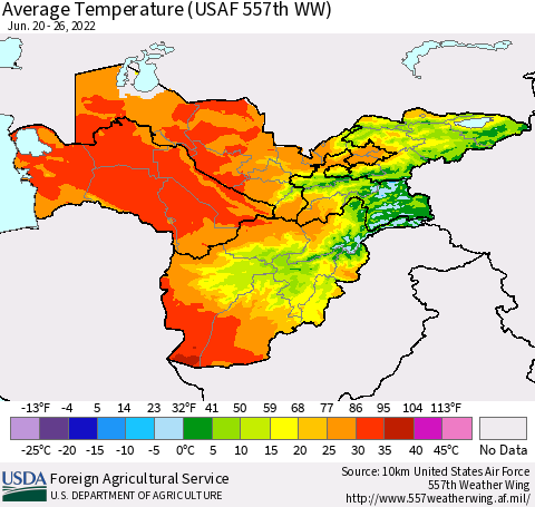 Central Asia Average Temperature (USAF 557th WW) Thematic Map For 6/20/2022 - 6/26/2022