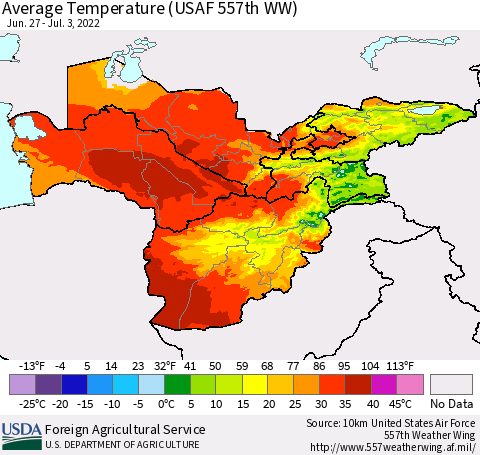 Central Asia Average Temperature (USAF 557th WW) Thematic Map For 6/27/2022 - 7/3/2022