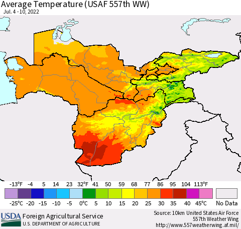 Central Asia Average Temperature (USAF 557th WW) Thematic Map For 7/4/2022 - 7/10/2022