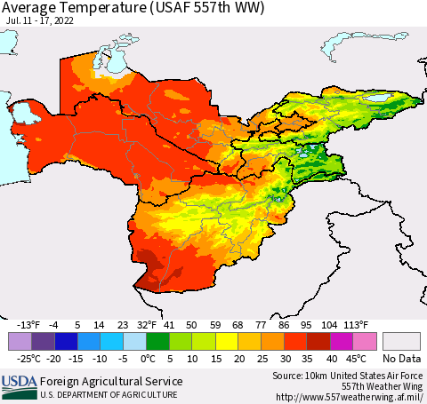 Central Asia Average Temperature (USAF 557th WW) Thematic Map For 7/11/2022 - 7/17/2022