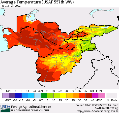 Central Asia Average Temperature (USAF 557th WW) Thematic Map For 7/18/2022 - 7/24/2022