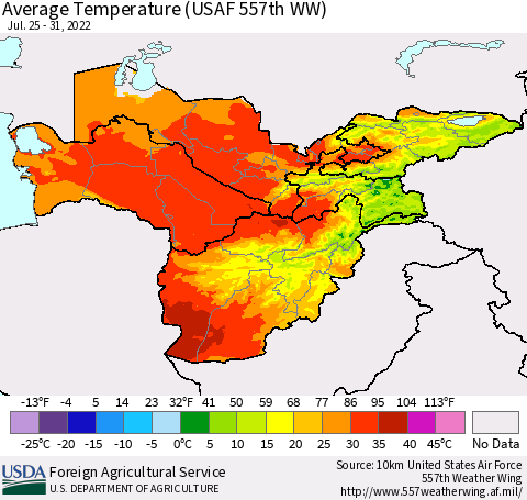 Central Asia Average Temperature (USAF 557th WW) Thematic Map For 7/25/2022 - 7/31/2022