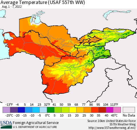 Central Asia Average Temperature (USAF 557th WW) Thematic Map For 8/1/2022 - 8/7/2022