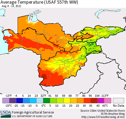 Central Asia Average Temperature (USAF 557th WW) Thematic Map For 8/8/2022 - 8/14/2022