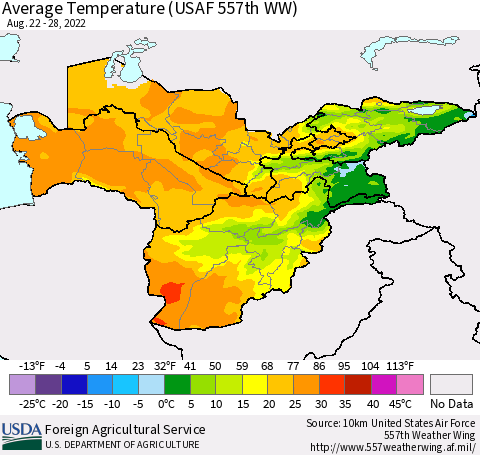 Central Asia Average Temperature (USAF 557th WW) Thematic Map For 8/22/2022 - 8/28/2022