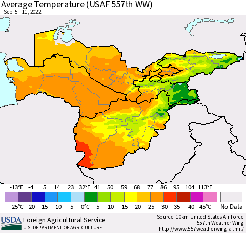 Central Asia Average Temperature (USAF 557th WW) Thematic Map For 9/5/2022 - 9/11/2022
