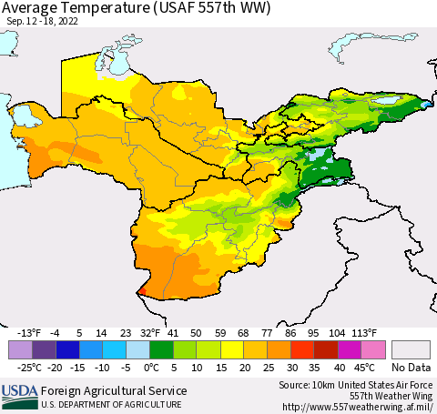 Central Asia Average Temperature (USAF 557th WW) Thematic Map For 9/12/2022 - 9/18/2022