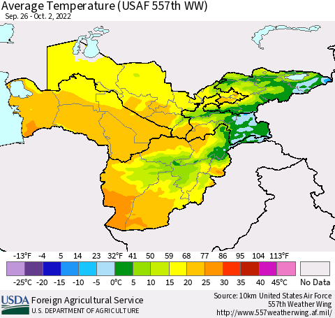 Central Asia Average Temperature (USAF 557th WW) Thematic Map For 9/26/2022 - 10/2/2022
