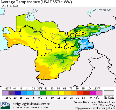 Central Asia Average Temperature (USAF 557th WW) Thematic Map For 10/3/2022 - 10/9/2022